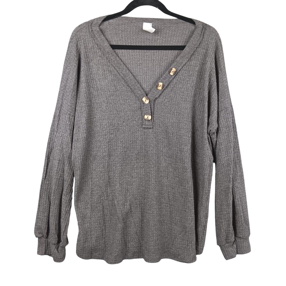7th Ray Womens Top Large Gray V Neck‎ 3 Button Long Sleeve Ribbed Made in USA